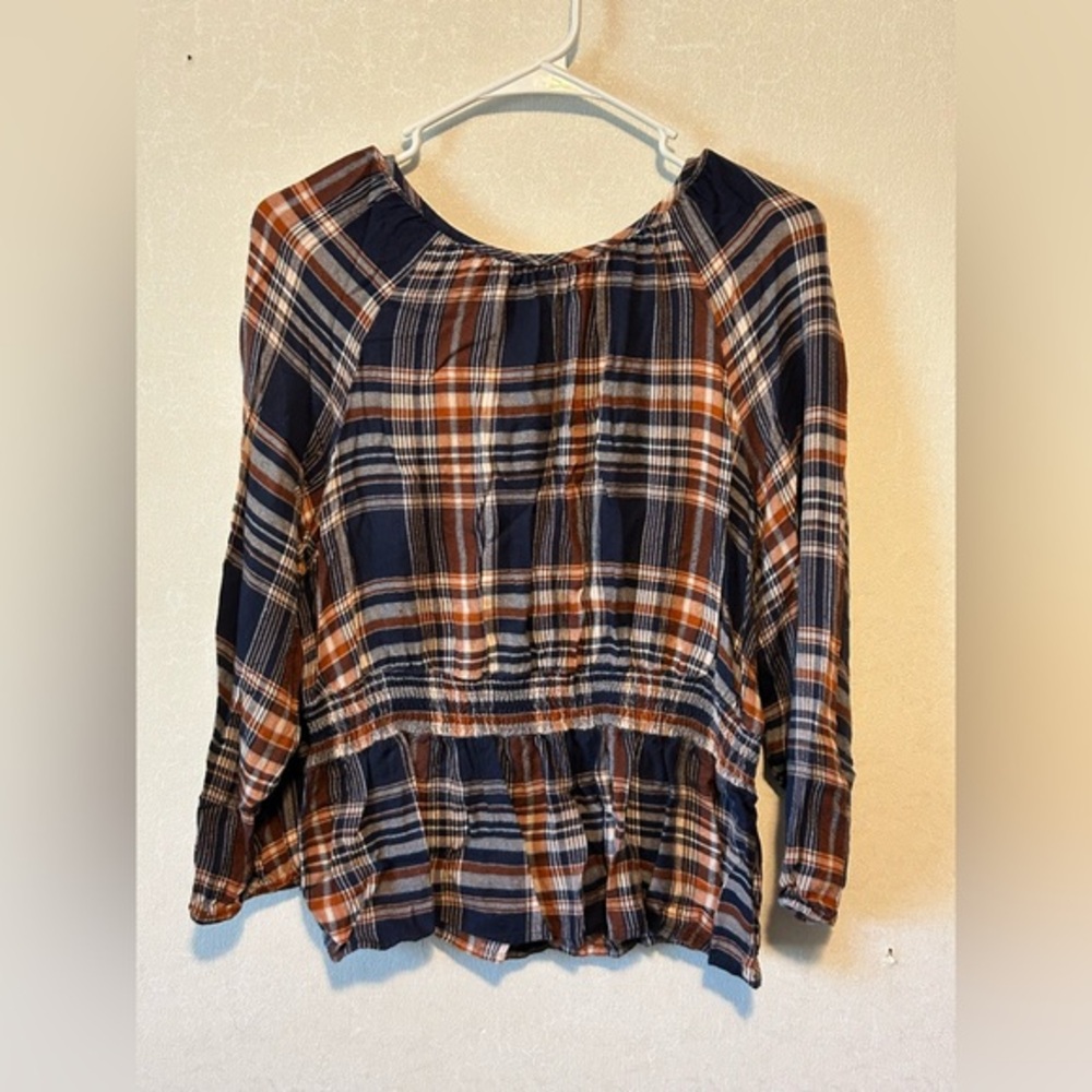 Universal Thread | Plaid Blouse in Navy and Orange | Size Medium